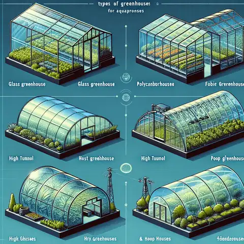 The different types of greenhouses suitable for aquaponics, such as glass greenhouses, polycarbonate greenhouses, high tunne