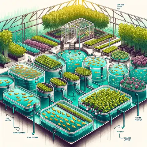 The setup of an aquaponics system within a greenhouse, focusing on the arrangement of fish tanks and the plant setup.